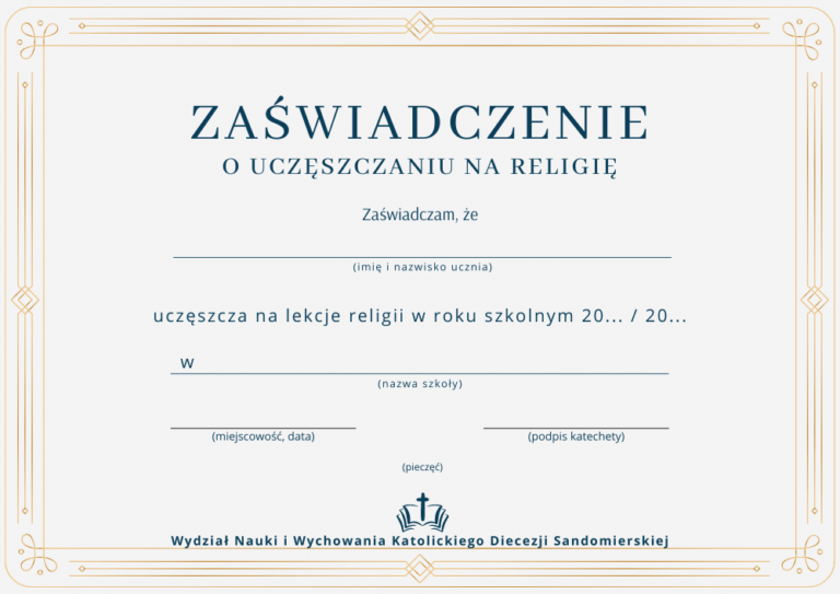 Formularz zaświadczenia o uczęszczaniu na religię